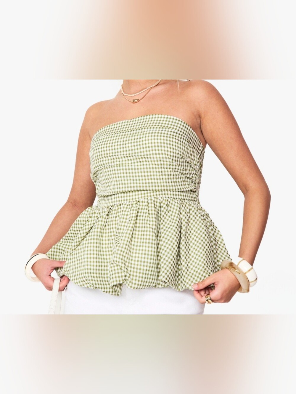 Boohoo Olive Green Gingham Smocked Top